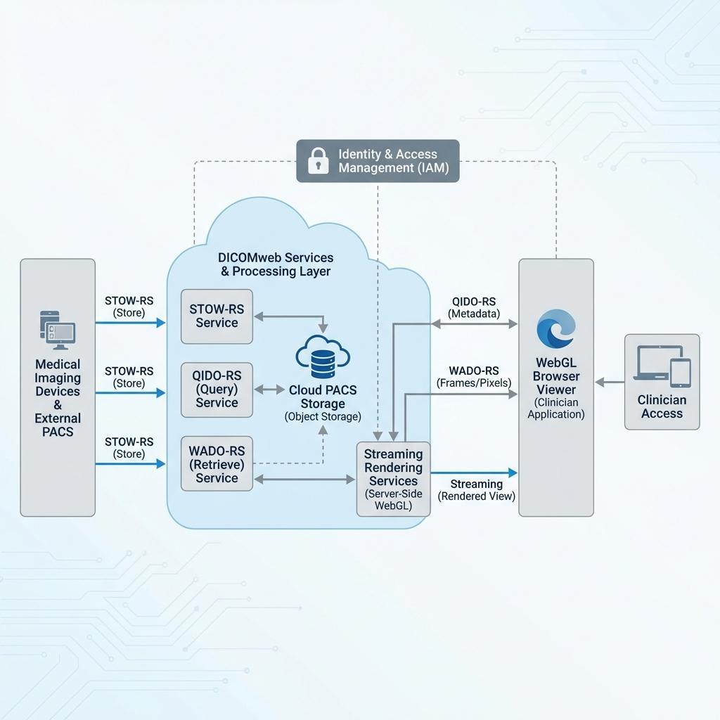 Arquitectura de visor DICOM basada en la nube con API de DICOMweb y flujo de trabajo de renderizado de imágenes por streaming